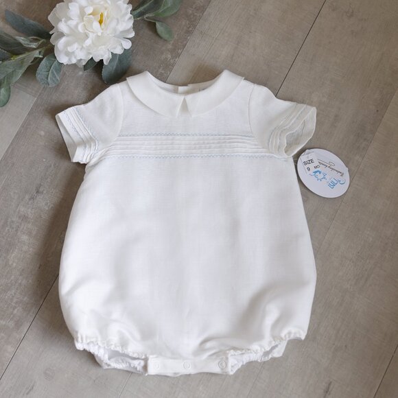 Ivory LINEN Romper Boys Boutique Pin Tuck Hand-Embroidery Portrait NWT - Picture 6 of 6
